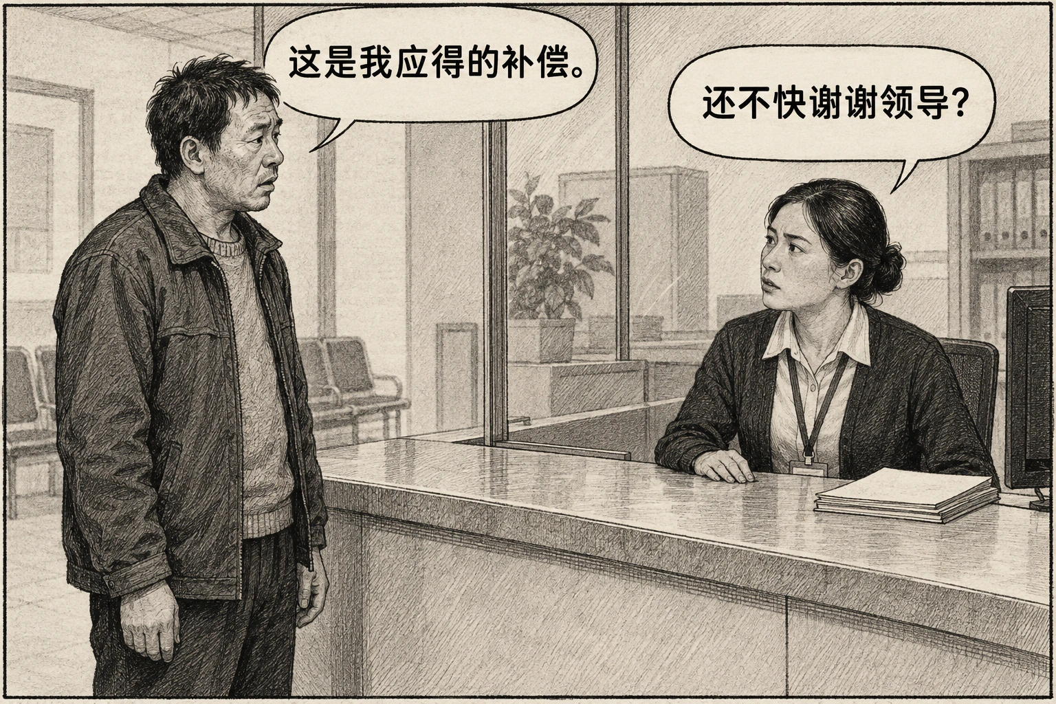 居民主张应得的补偿,办事员让他先谢谢领导。