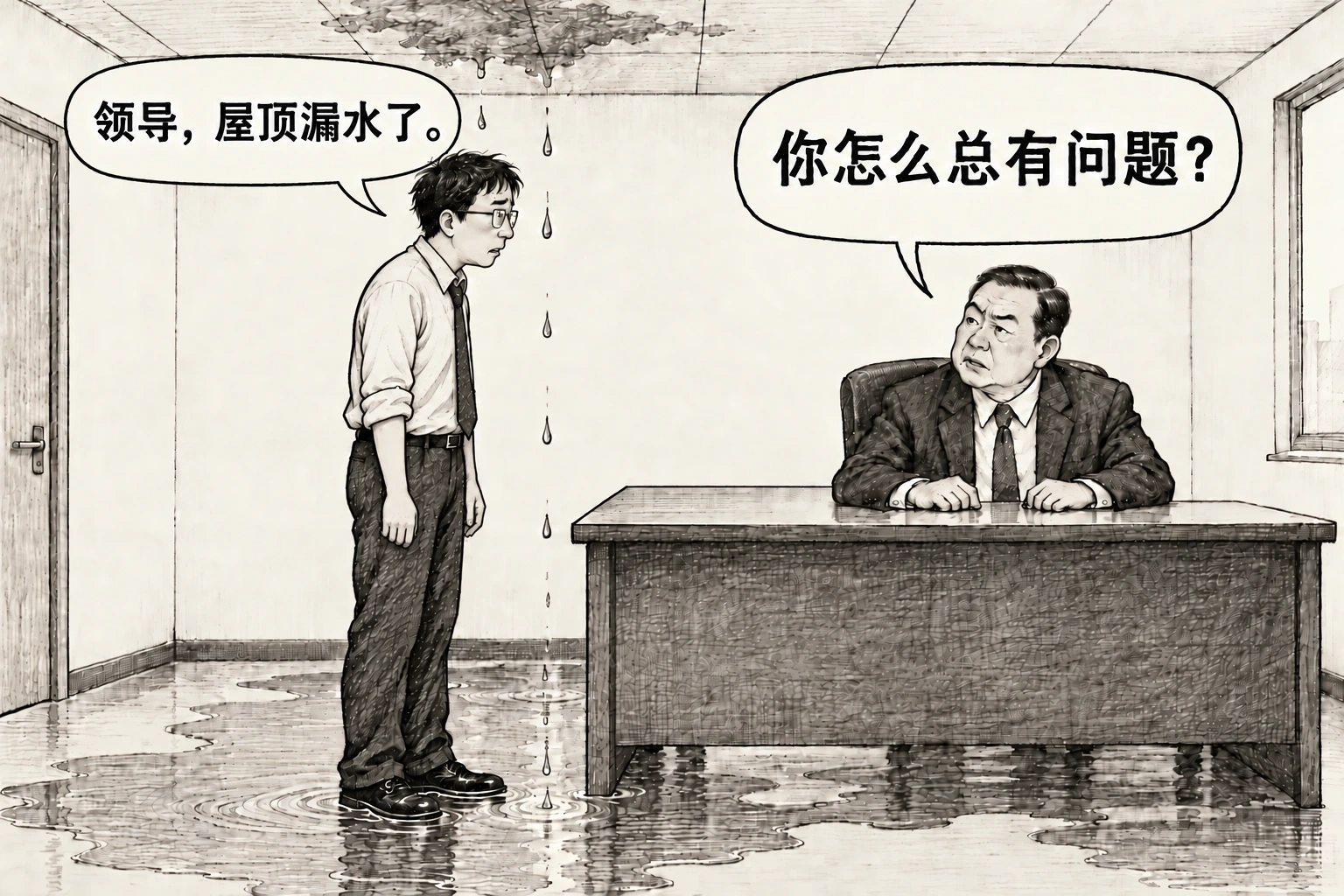 漏水办公室里，职员说“领导，屋顶漏水了。”，坐在桌后的上司反问“你怎么总有问题？”。