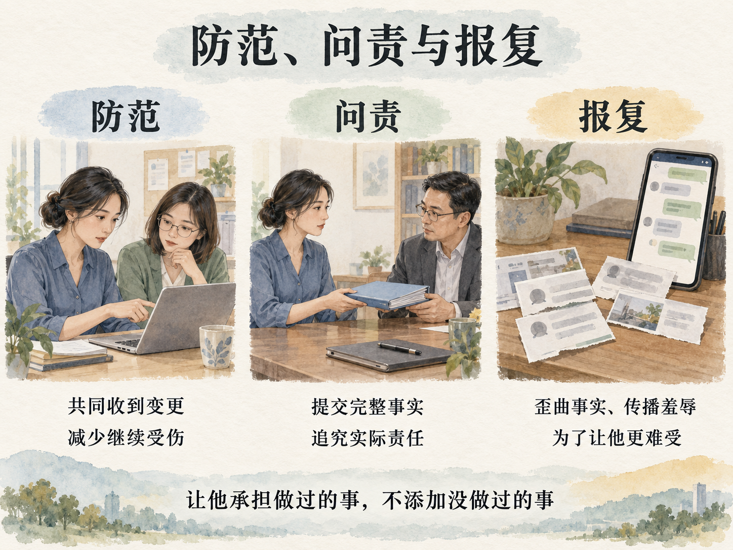 三列插画分别标为“防范”“问责”“报复”：两位同事共同查看变更，女子向负责人递交完整材料，裁截的记录与手机聊天界面。下方文字为“让他承担做过的事，不添加没做过的事”。