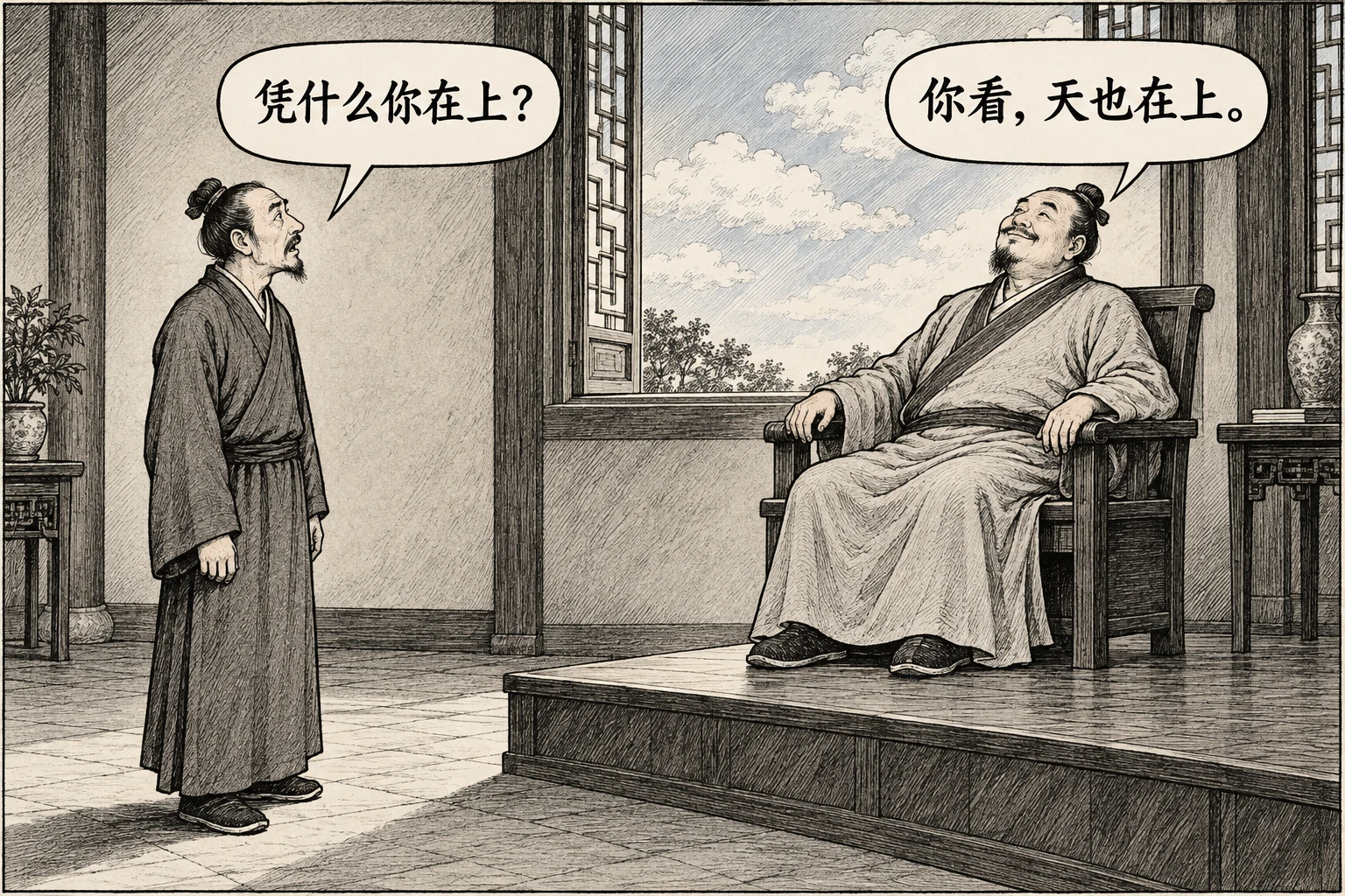 一人站在台下问“凭什么你在上?”,坐在高台木椅上的人抬眼看天,回答“你看,天也在上。”