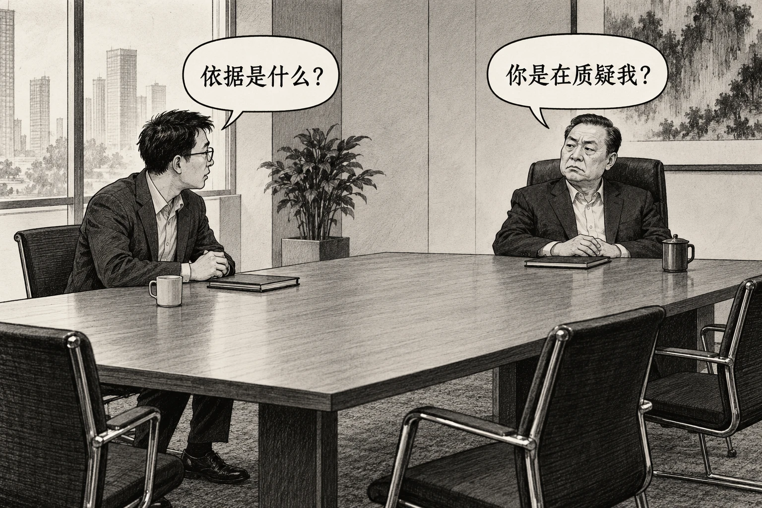 会议桌侧席的人问“依据是什么?”,坐在远端高背椅上的负责人回答“你是在质疑我?”,桌上放着笔记本和水杯。