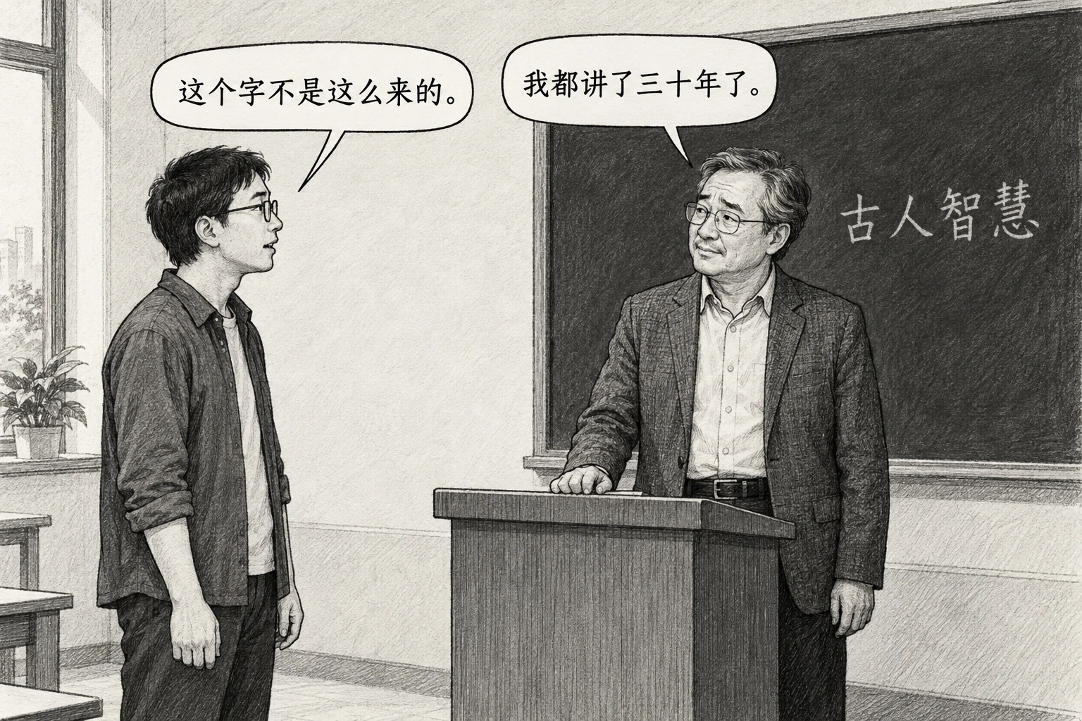 听者说“这个字不是这么来的。”,站在写有“古人智慧”的黑板旁的讲述者回答“我都讲了三十年了。”,一手搭在讲台上。