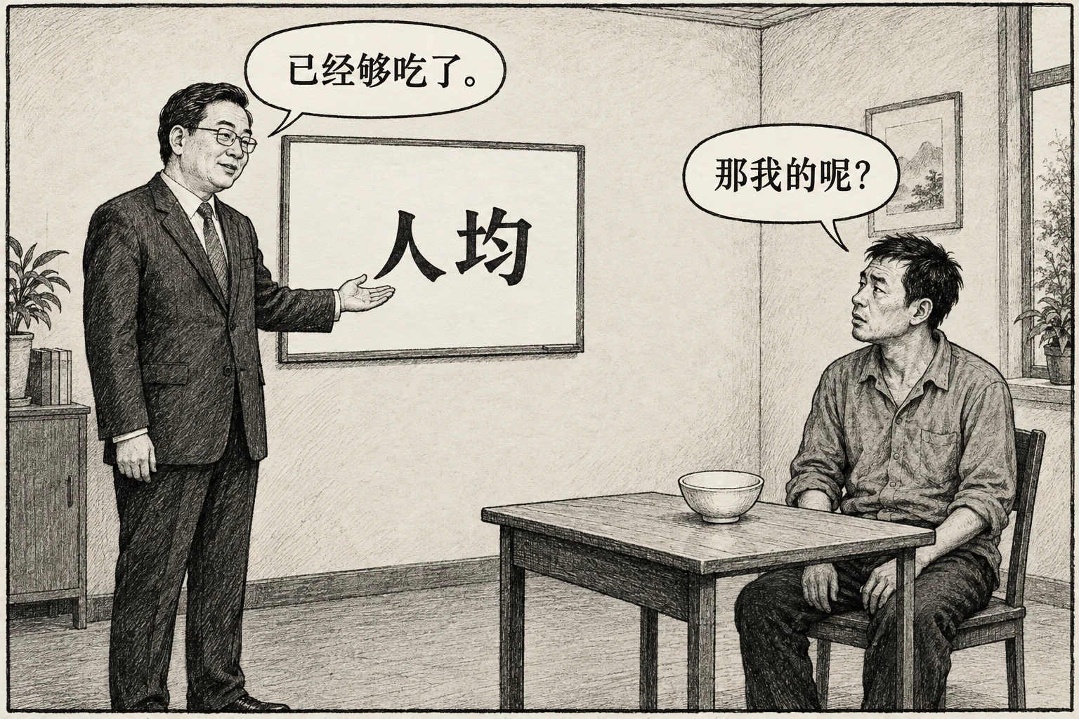 报告者指着人均二字说已经够吃了,居民面对空碗问那我的呢。