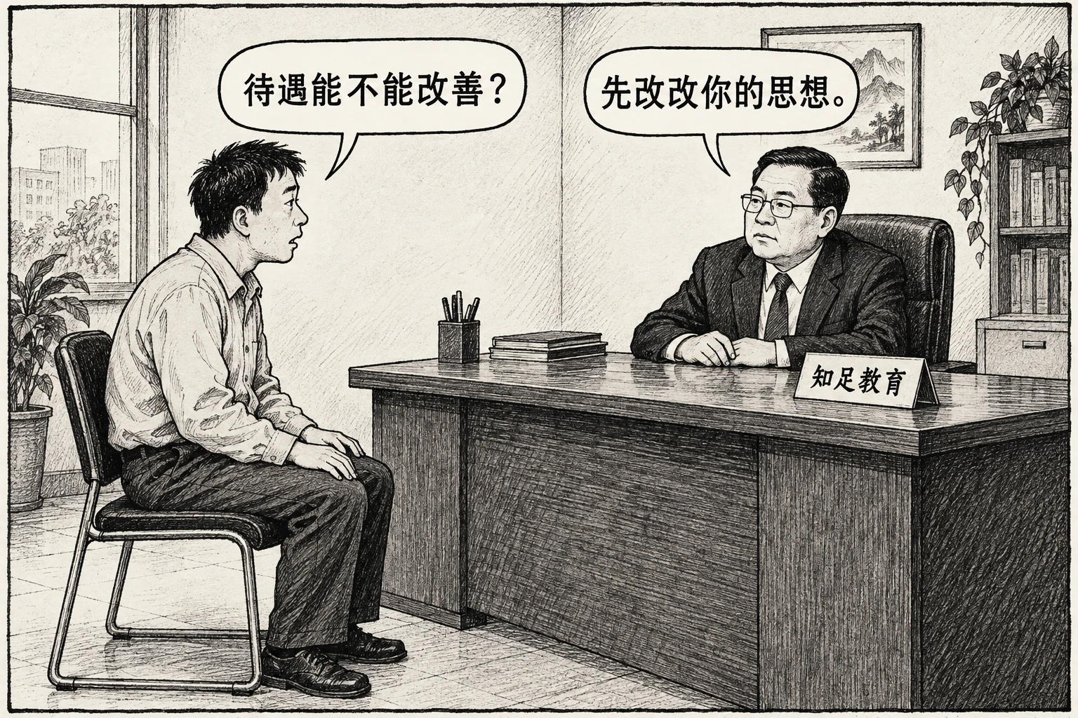 职工询问能否改善待遇,负责人在知足教育桌牌后要求他先改思想。