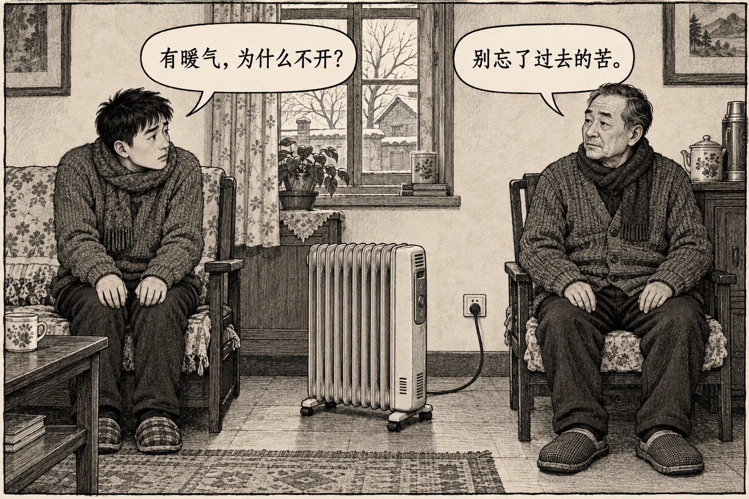 年轻人问为何不开暖气,裹着厚衣的长辈回答别忘了过去的苦。
