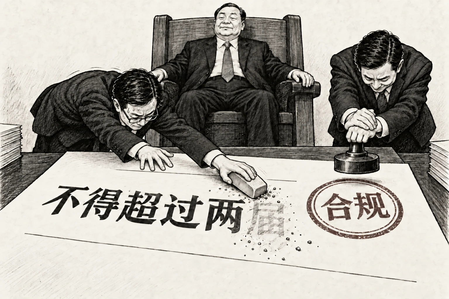 一人安坐,两名办事员卖力擦去任期限制并盖下“合规”印章。