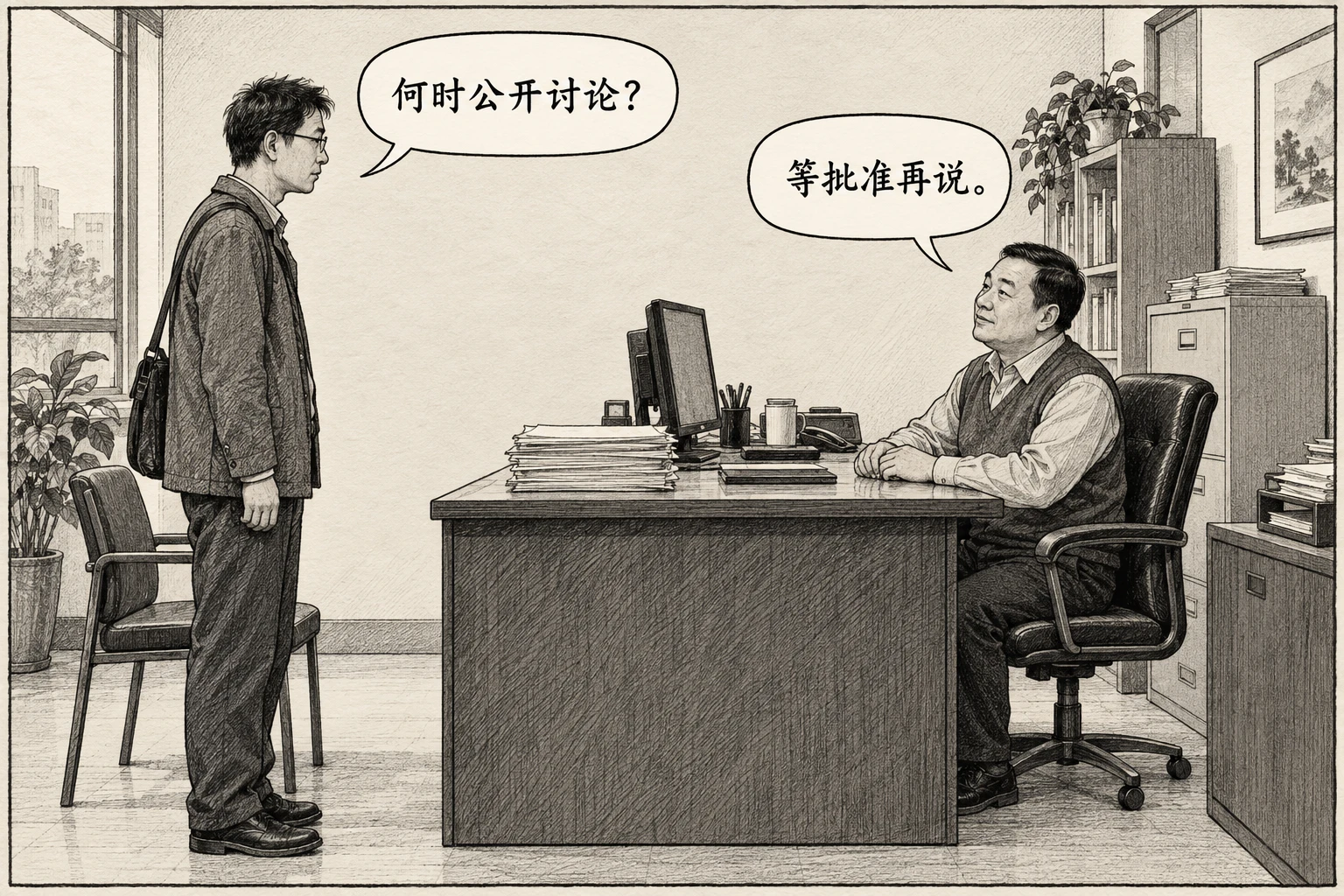 研究者站在堆有材料的办事桌前问“何时公开讨论？”桌后的办事员答“等批准再说。”
