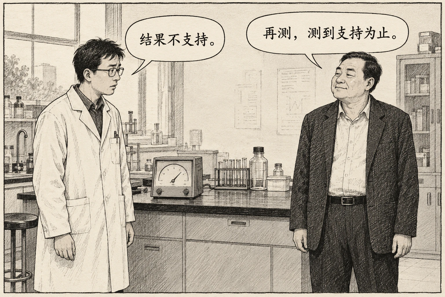 实验台旁，白大褂研究者说“结果不支持。”负责人回答“再测，测到支持为止。”