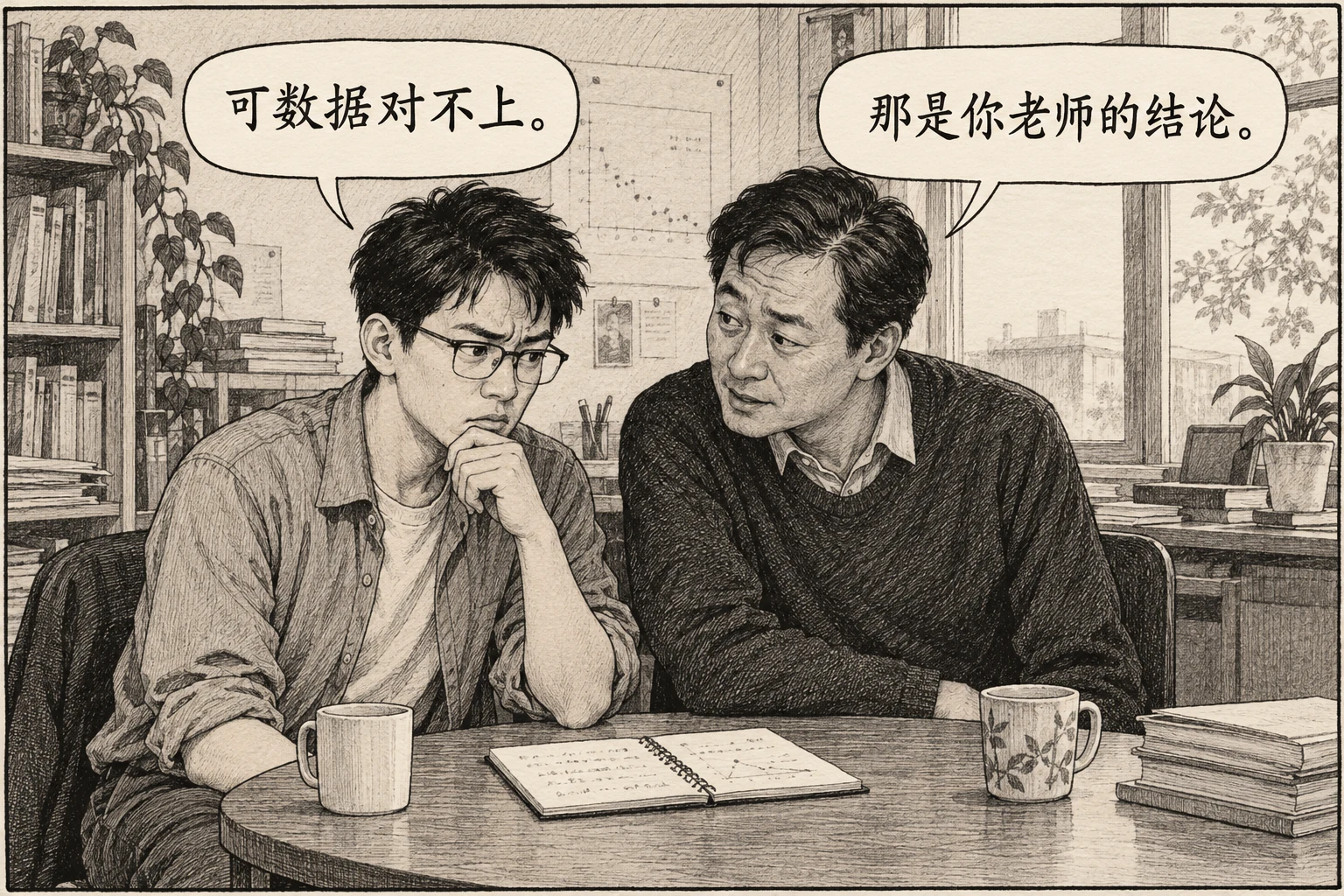 两名同事坐在摊开的笔记本旁，年轻人说“可数据对不上。”另一人提醒“那是你老师的结论。”