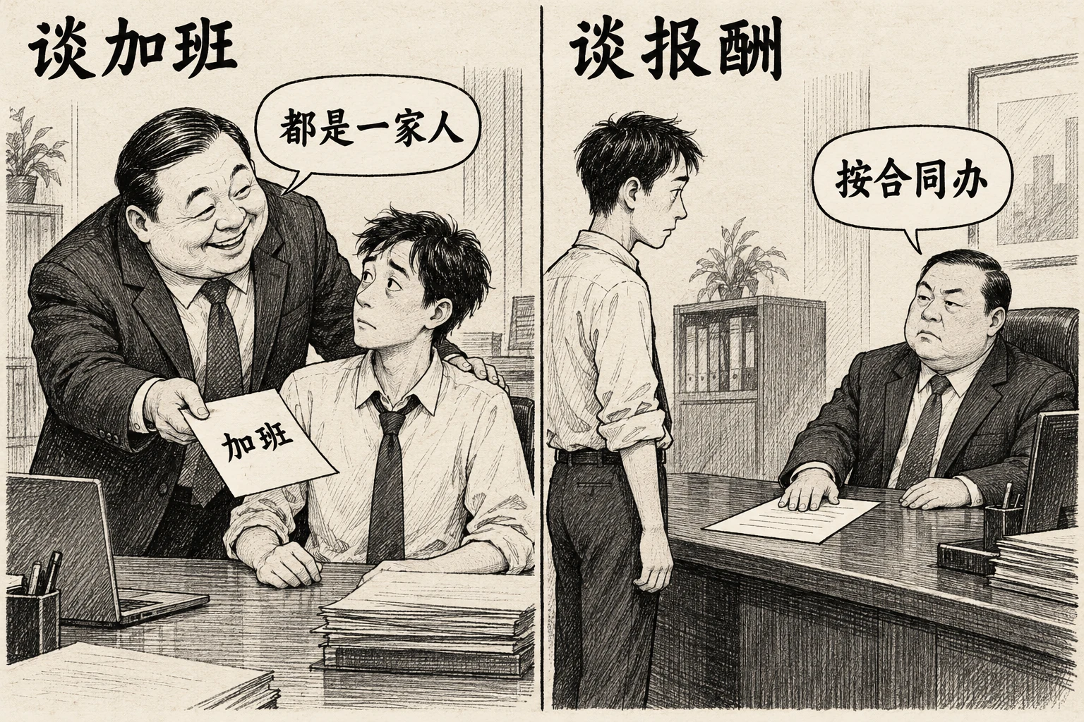 同一位上司谈加班时搭着员工肩膀说“都是一家人”，谈报酬时隔着桌子按住合同说“按合同办”。