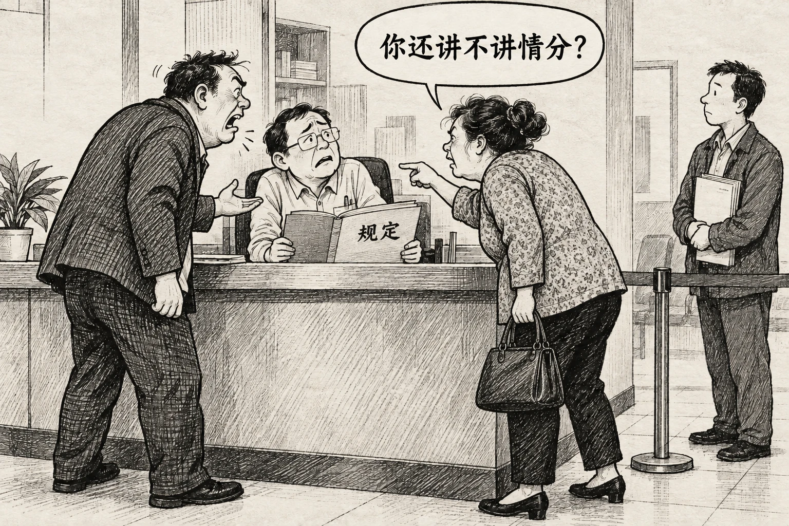 一男一女围着手持规定册的办事人质问“你还讲不讲情分？”，另一名申请人抱着材料在旁等候。