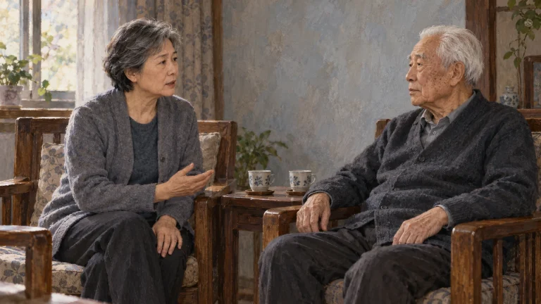 头发灰白的女儿坐在木椅上，微微抬手向白发父亲说话；父亲靠坐着望向她，两人之间的边桌上放着两只茶杯。