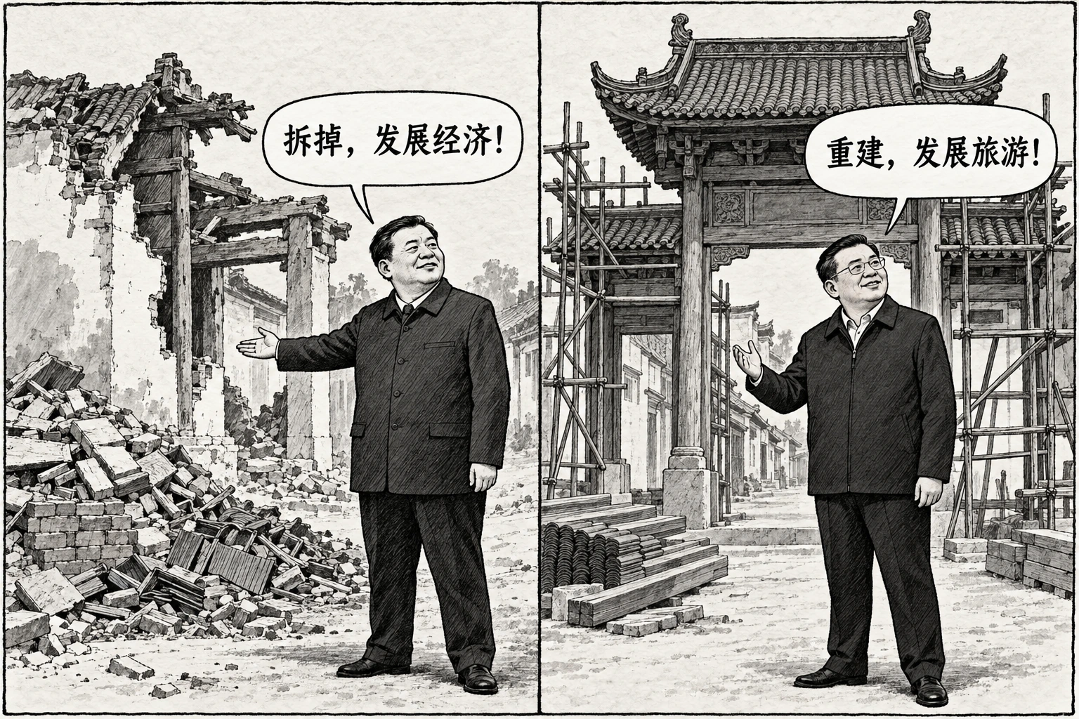 左格旧街拆除，负责人说拆掉，发展经济；右格仿古重建，另一人说重建，发展旅游。