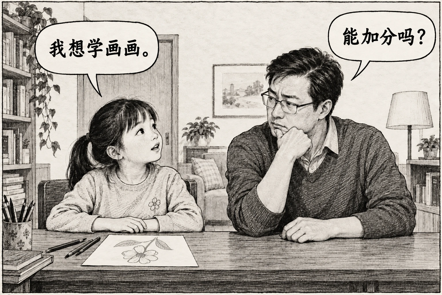 孩子面前平放着花朵习作，她说我想学画画，家长问能加分吗。