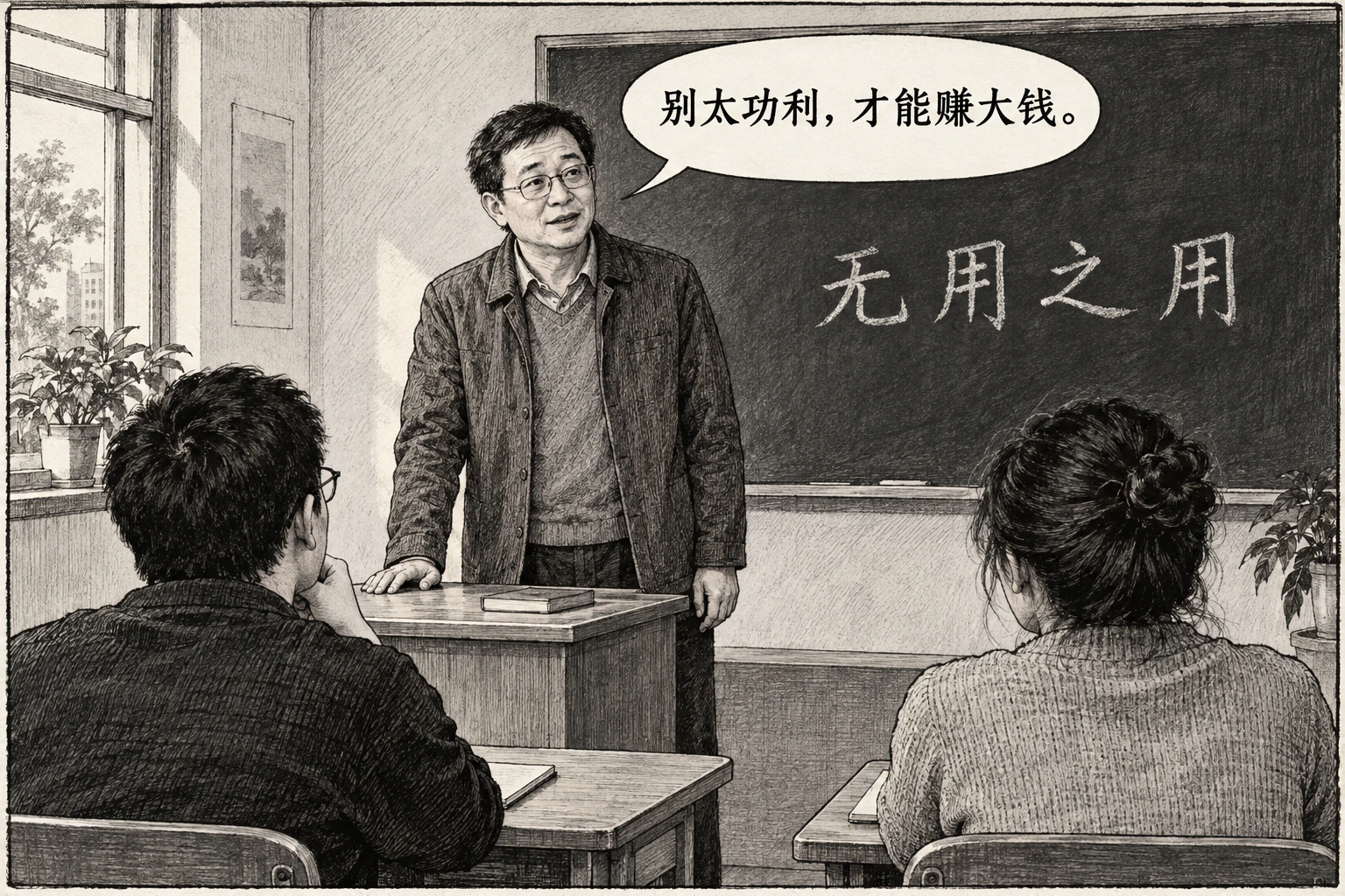 黑板写着无用之用，讲师对学员说别太功利，才能赚大钱。